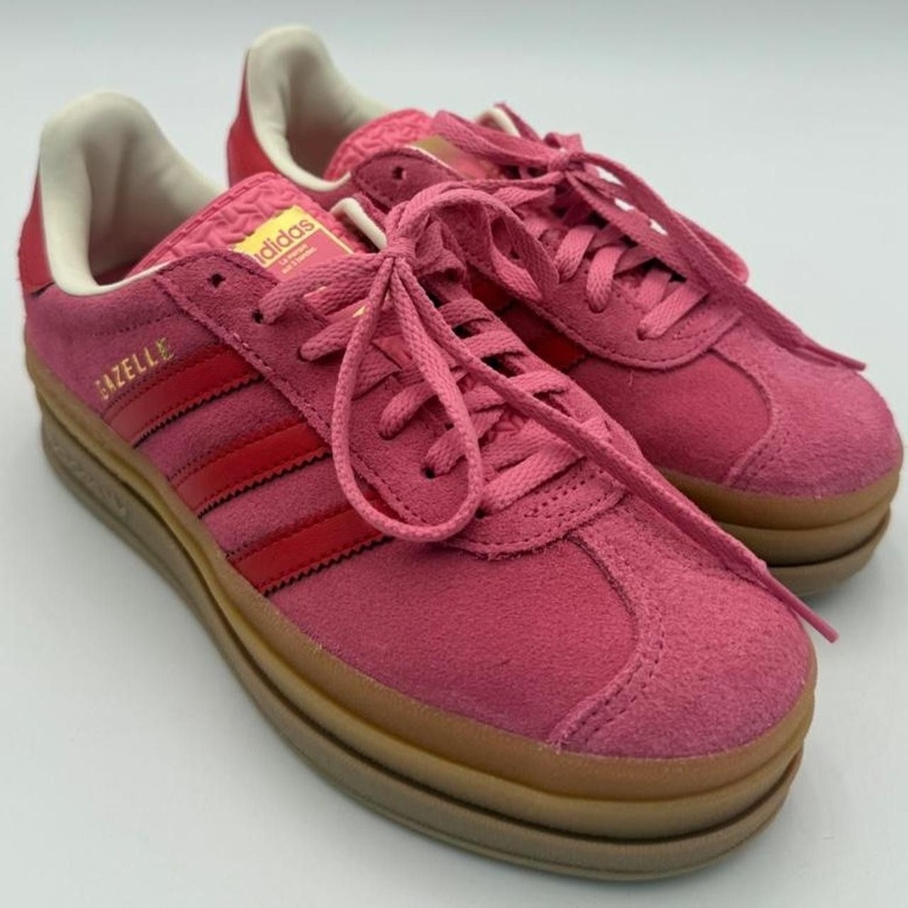 Kids size 4.5 Adidas Gazelle Platform Pink Sneakers with Red Stripes